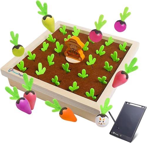 Montessori Wooden Carrot Harvest Game - Educational Toy for Toddlers with 24 Colorful Vegetables, 8 Memory Cards, 1 Farmer Figure, Wooden Board With 24 Holes & Doodle Tablet