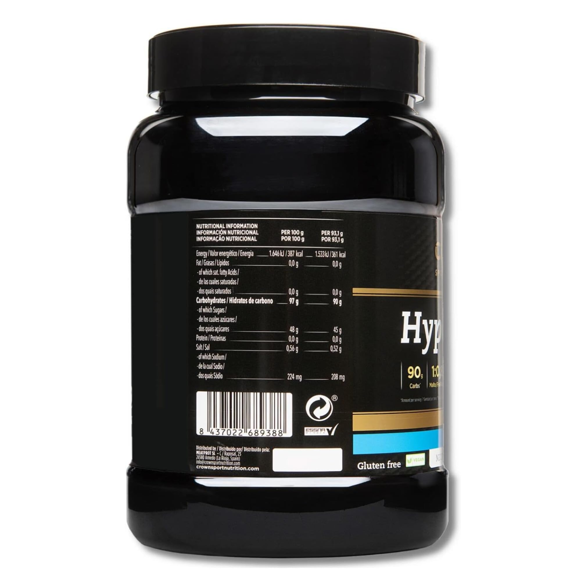 Crown Sport Nutrition HyperDrink 90 | Bebida Alta Carbohidratos 90 g en 500 ml y Sodio | Polvo Bote 1490 g 16 Tomas | Maltodextrina Fructosa Ratio 1:0,8 y Sal Marina | Sin Aditivos Sin Sabor
