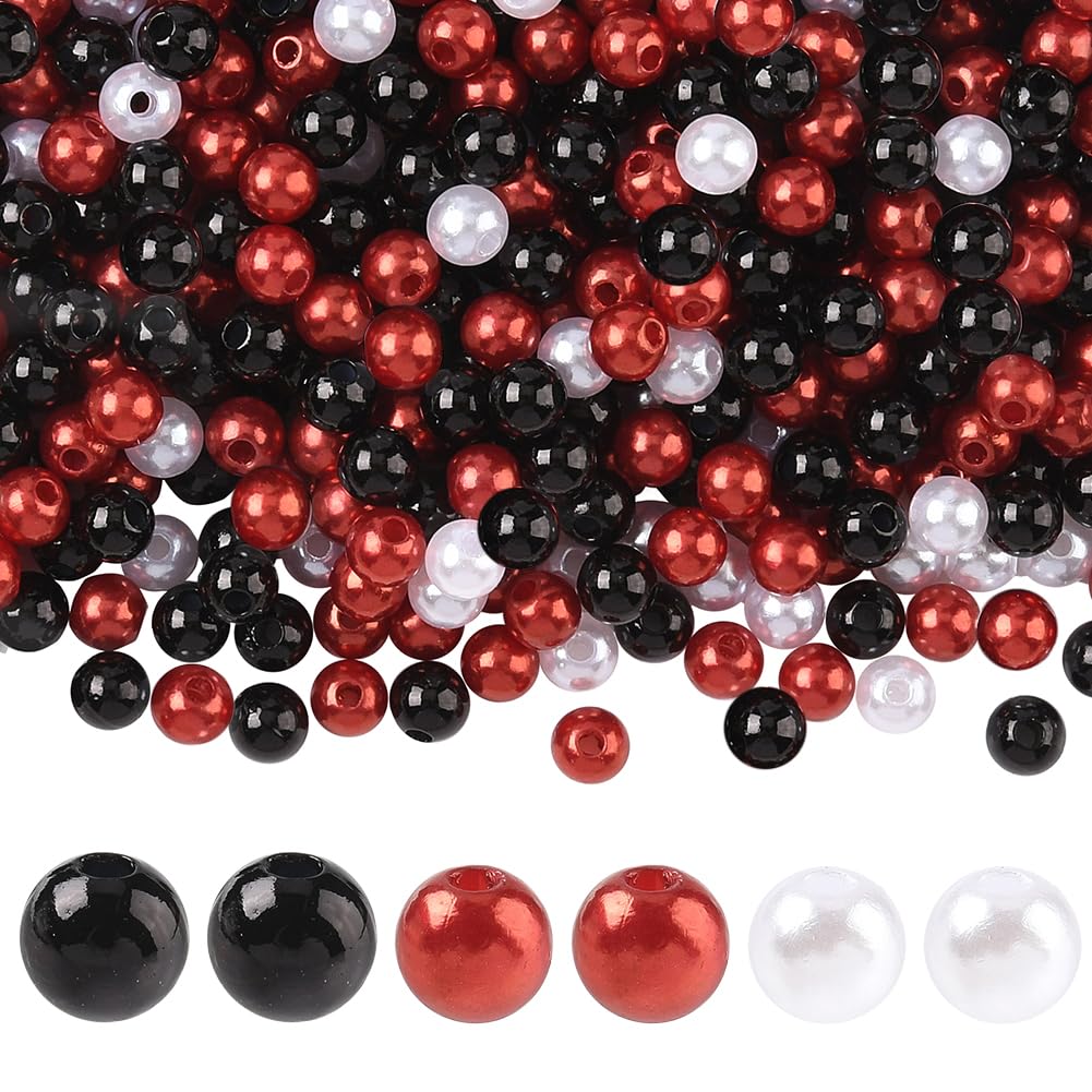 SOFPLATE 1000Pcs 3 Colors Black Acrylic Beads 6mm Plastic Pearl Beads Balls Red White Round Smooth Loose Bubblegum Gum Small Spacers Findings Kits for Jewellery Making Bracelets Necklaces DIY Crafts
