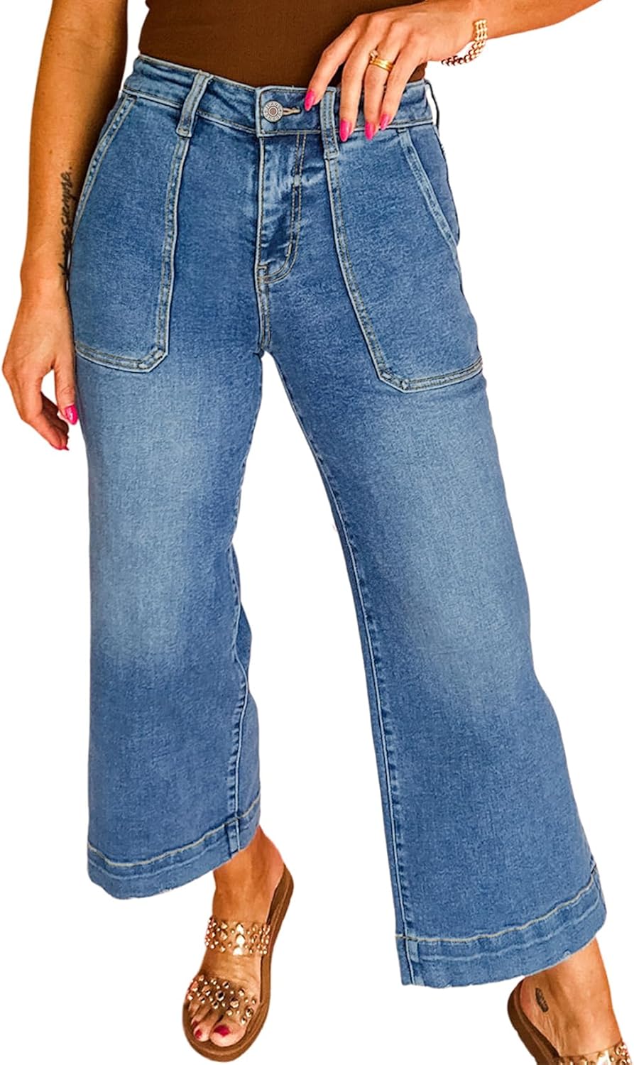 Astylish Women's 2026 Stretchy Wide Leg High Waisted Jeans Tummy Control Casual Cropped Ankle Denim Pants