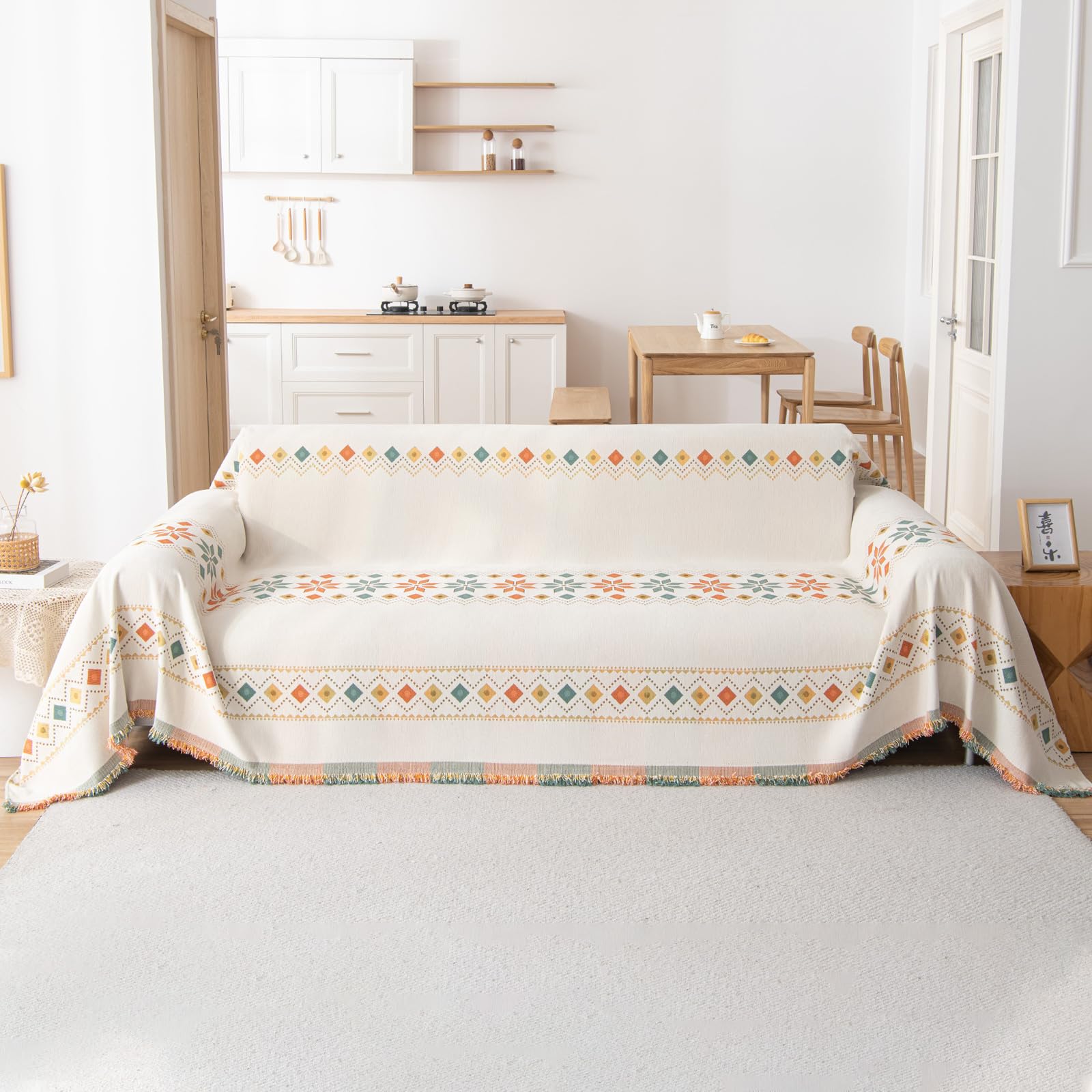 Vanderhome Beige Boho Throw Chenille Blanket Soft Throws For Sofas Washable Blanket For Bed Settees Armchairs, Livingroom 180 * 230Cm