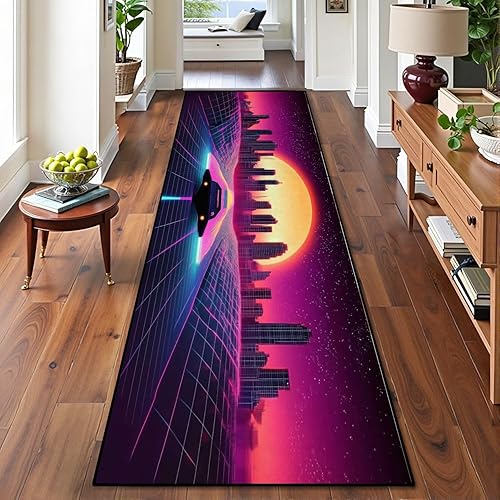 Alfombra de pasillo lavable de 2 x 8 pulgadas, diseño de arcade, diseño de barco espacial a puesta de sol, retro, de los años 80, antideslizante,