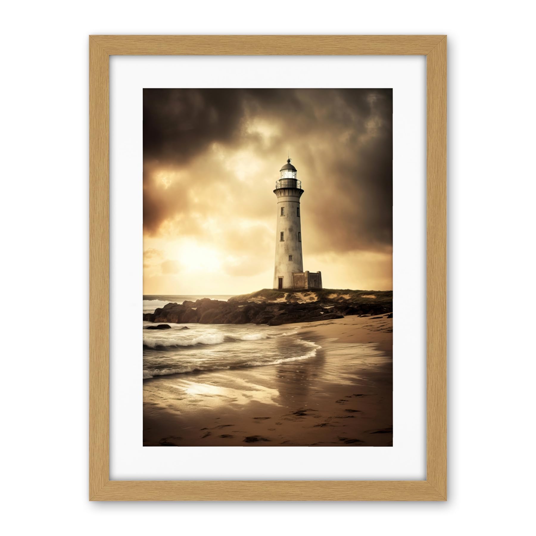 Artery8 Atmospheric Lighthouse Photo Beach Sepia Photograph Atmospheric Sunset Seascape Artwork Framed Wall Art Print 18X24 Inch