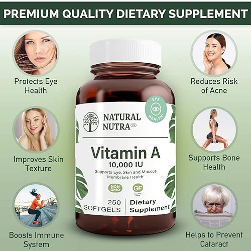 Miniatura 7 de Natural Nutra Vitamina A 10,000 UI, suplemento dietético de palmitato de retinol de aceite de hígado de bacalao, fuerza extra para ojos, piel, uñas