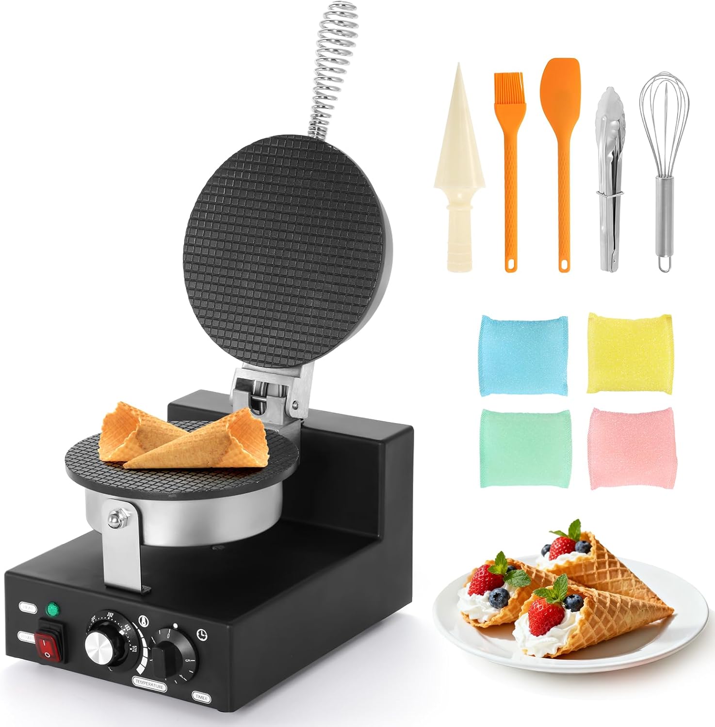 Dyna-Living Commerical Waffle Cone Maker 1200W Professional Waffle Cone Iron Restaurant Ice Cream Cone Egg Roll Mold Nonstick Waffle Machine for Home