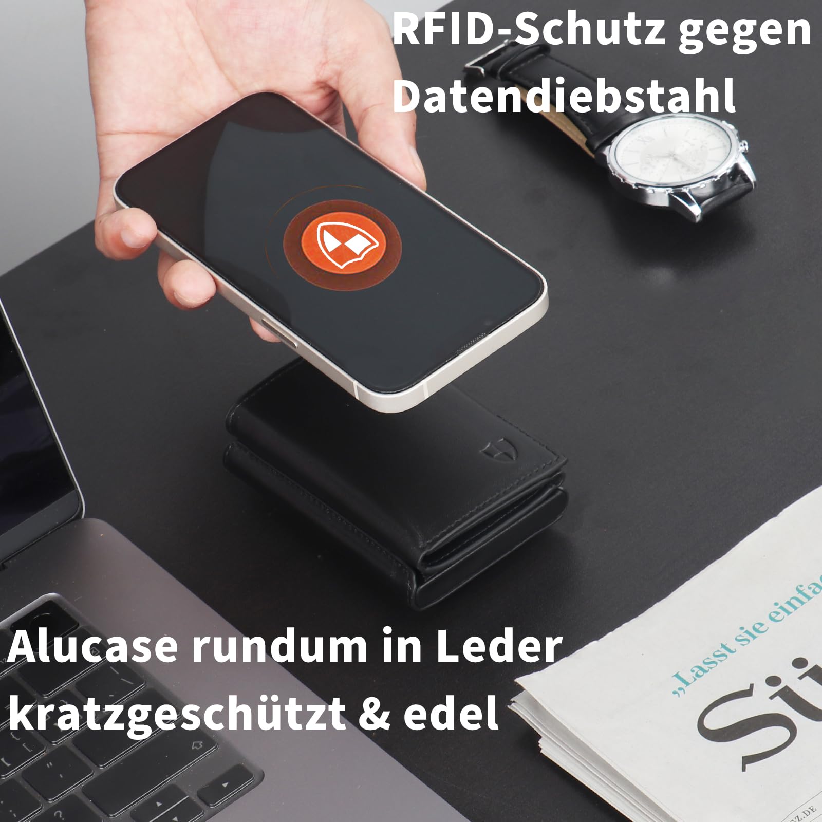 Slim Wallet mit Münzfach | Echtleder Geldbörse für Herren | Karten Portemonnaie | Kartenetui mit RFID Schutz | Smart Wallet 3.0 | Minimalistisches Design | Edles Schwarz