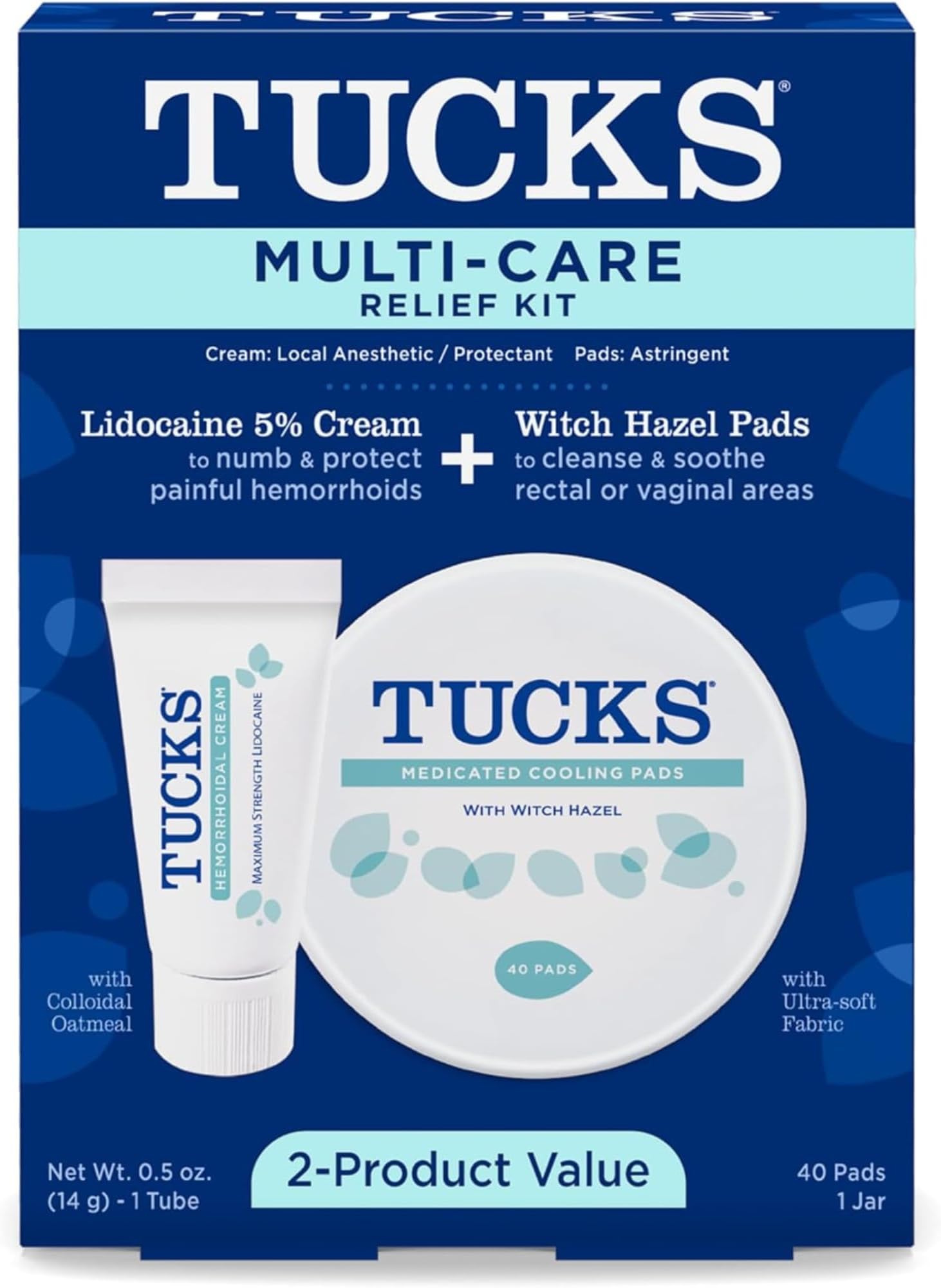 Multi-Care Relief Kit – 40 Count Witch Hazel Pads & 0.5 oz. Lidocaine Cream - Protects from Irritation, Hemorrhoid Treatment Medicated Pads Used by Hospitals