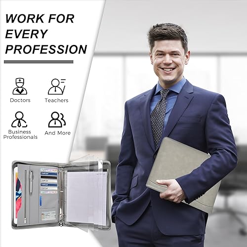 Miniatura 6 de Deziliao 3-Ring Padfolio Portfolio Binder Organizer, Document Organizer Folio, 10.4 Inch PU Leather Business Portfolio with Zipper, Business Planner