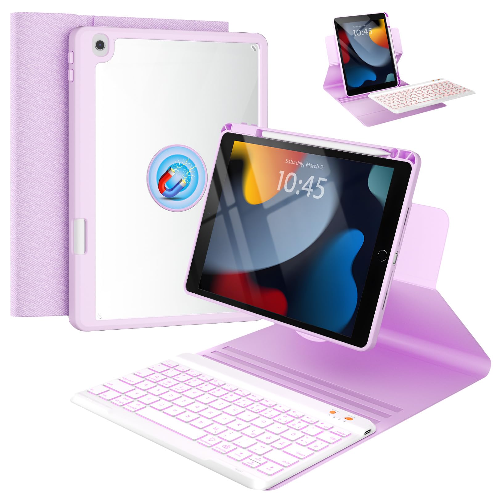 OYEEICE Hülle mit Tastatur für iPad 9/8 /7 Generation 10,2 Zoll, Vergrößerte Anti-Falloff Tastenkappen Tastatur für iPad Air 3 Generation 10,5" (Lila, 360° Drehbar und Abnehmbar)