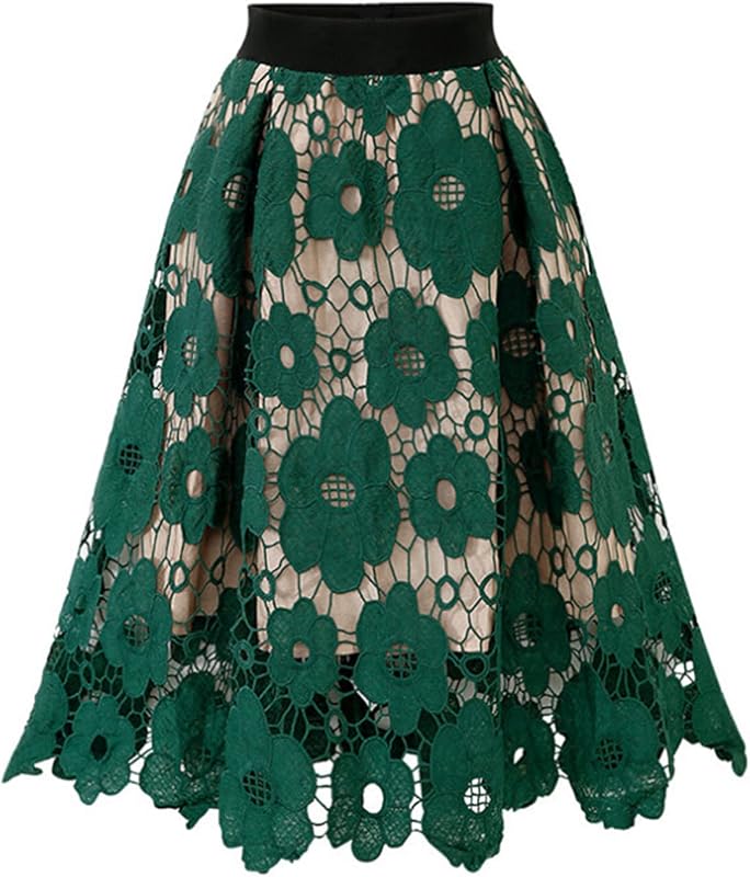 Women's Elegant Lace Skirt Ladies Vintage Knee Length Hollow-Out Floral Lace High Waisted A-Line Midi Long Skirt