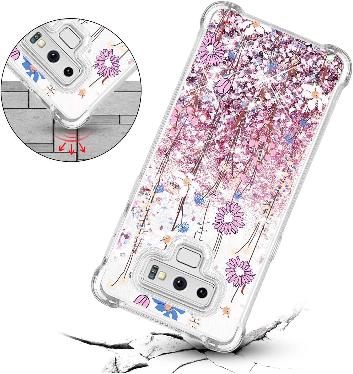 Caka Galaxy Note 9 Case, Galaxy Note 9 Floral Glitter Case Flower Pattern Series Sparkle Fashion Bling Luxury Flowing Liquid Floating Glitter Soft TPU Case for Samsung Galaxy Note 9 (Pink Flower)