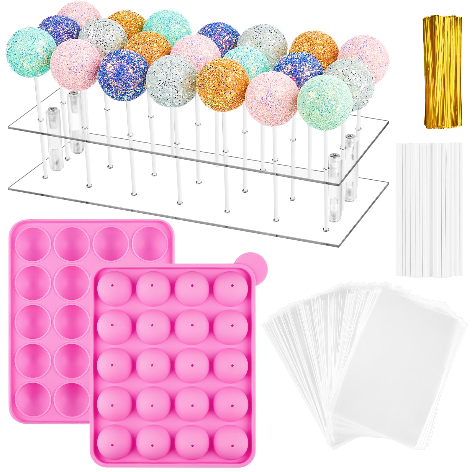 Kucoele Cake Pop Mold Set, Including 21 Hole Clear Acrylic Lollipop Display Stand Holder, 20 Cavity Pink Silicone Cake Pop Mold, Cake Pop Sticks Treats Bags and Twist Ties
