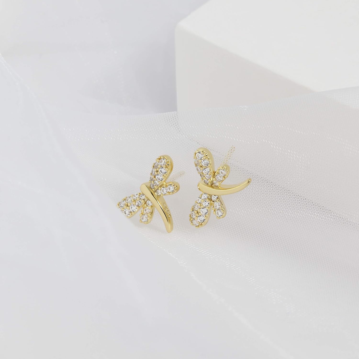Dragonfly Stud Earrings, S925 Sterling Silver, Rose Gold & Gold Plated, Cubic Zirconia CZ Minimalist Earrings, Good Luck Studs, Gift for Her