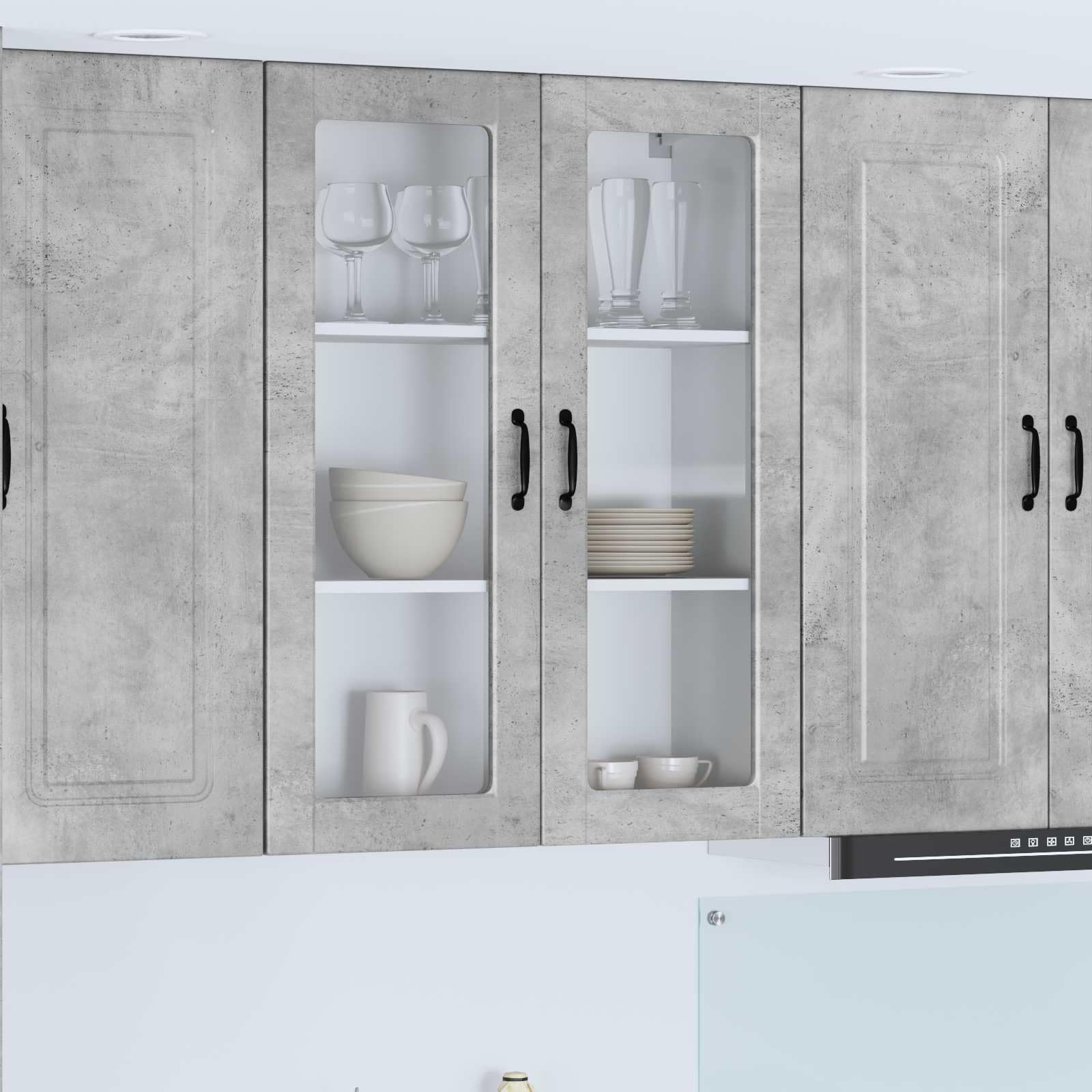 Wandschrank für Küche, Holz, 80 x 31 x 100 cm, Betongrau | Robustes Maschinenholz, mehrere Regale, Aufbewahrung von Geschirr, Pflege mit feuchtem Tuch