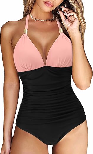 RXRXCOCO Women's V Neck One Piece Swimsuits Tummy Control Ruched Swimwear Holder Bathing Suit