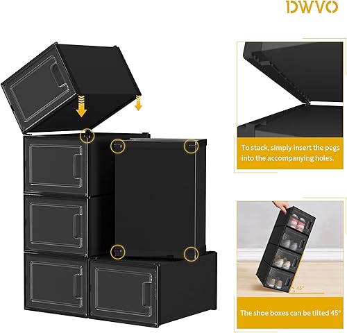 Miniatura 10 de DWVO Paquete grande de 18 organizadores de almacenamiento de zapatos, se ajusta hasta talla 15 de EE. UU., caja de zapatos apilable de plástico