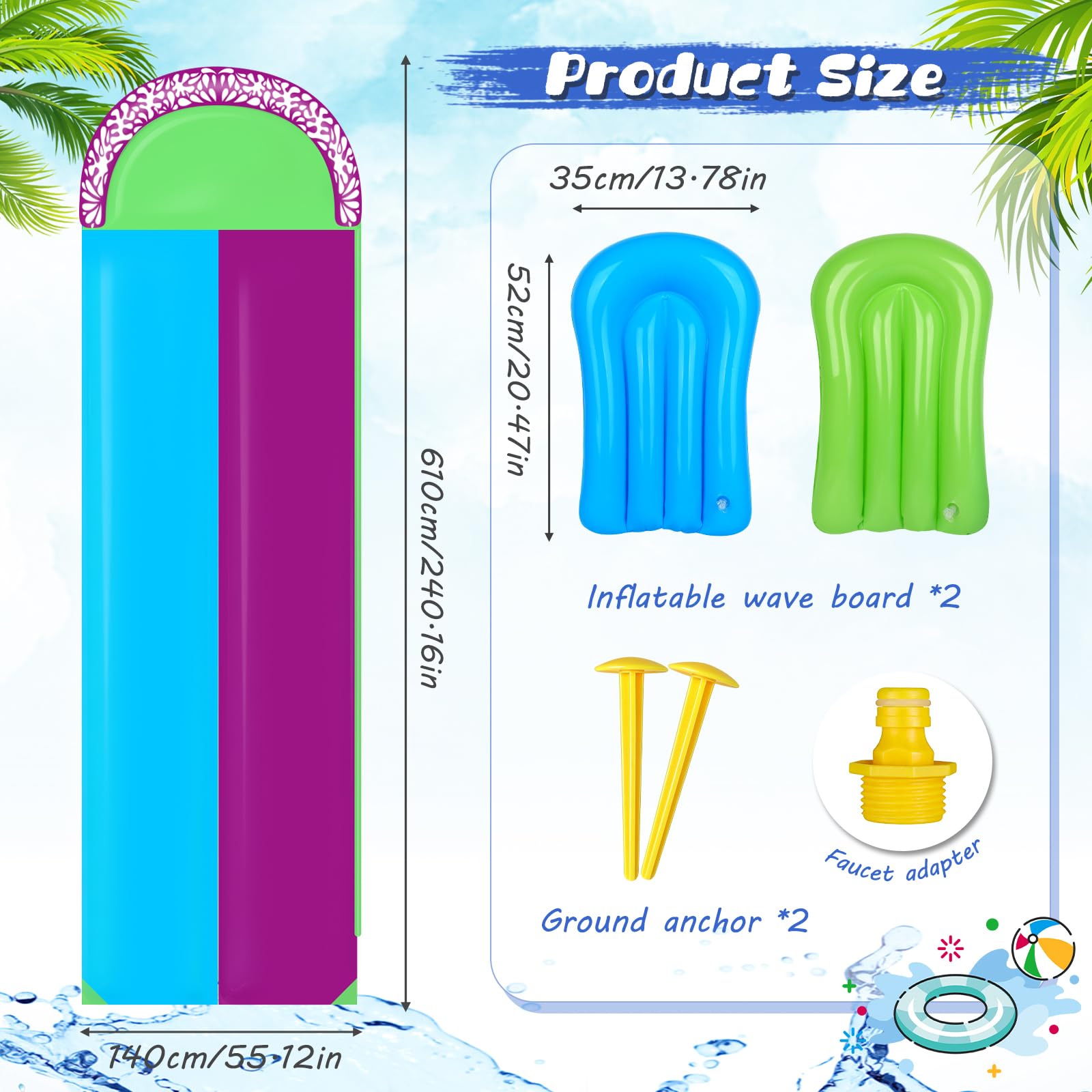 Wasserrutsche Garten 610x240cm mit 2 Bodyboards Doppelrutsche Eingebautem Sprinkler Sommer-Wasserspielzeug