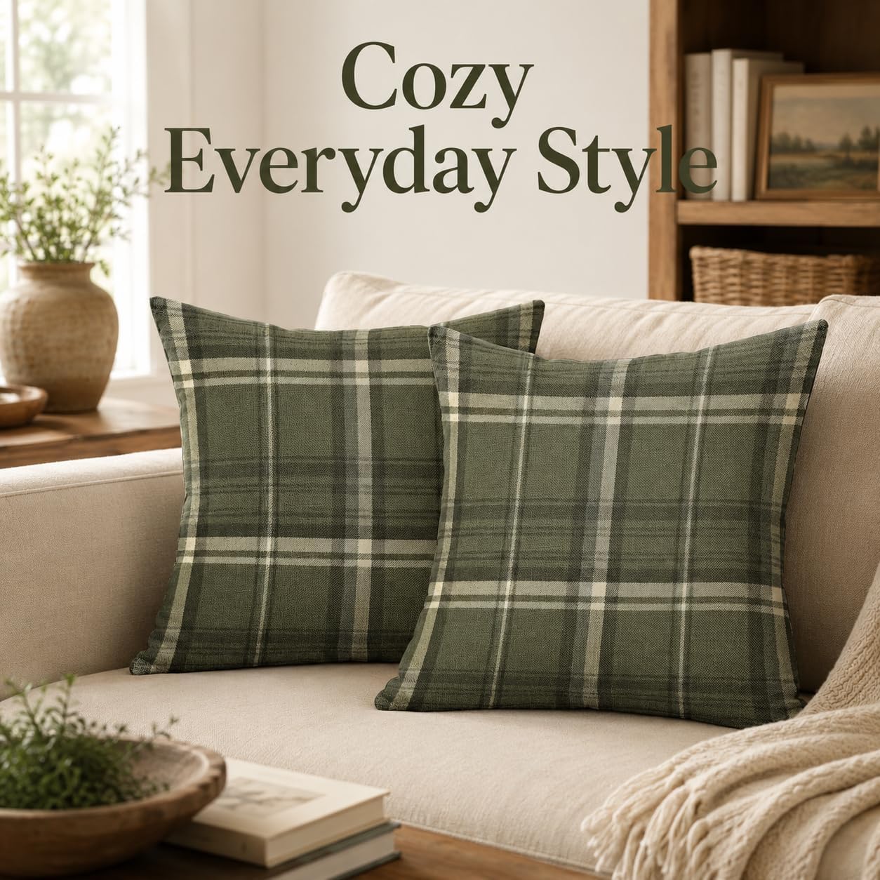 Olive Green Spring Plaid Pillow Covers Tartan Print Seasonal Decorative Throw Pillows Outdoor Pillowcase Square Linen Farmhouse Cushion Case Decor for Couch Sofa Bed Set of 2 (16" x 16" (Pack of 2))