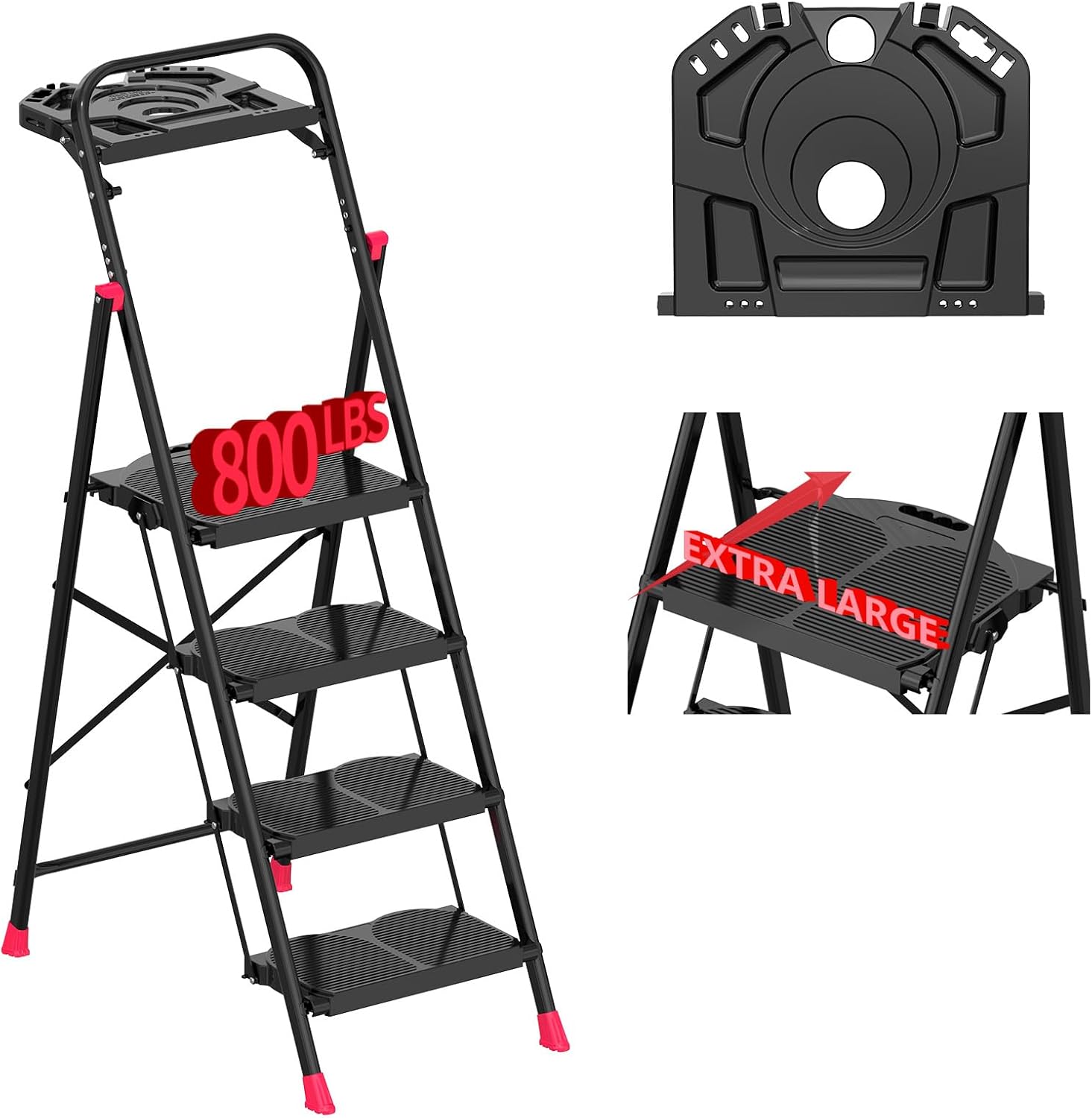 Foldable Step Ladder Folding Stool - 800Lbs Heavy Duty with Handrails for Home Adults Kitchen 3 Stepping Extension Tall - Indoor House Closet Stepstool Stair Ladders Extendable Stepladder