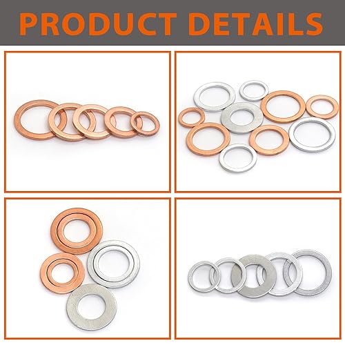 Miniatura 5 de Surtido de 106 piezas de cobre y aluminio Crush Wahser, tapón de drenaje de aceite, surtido de juntas  0.394 in, 0.472 in, 0.551 in, 0.630 in, 0.709