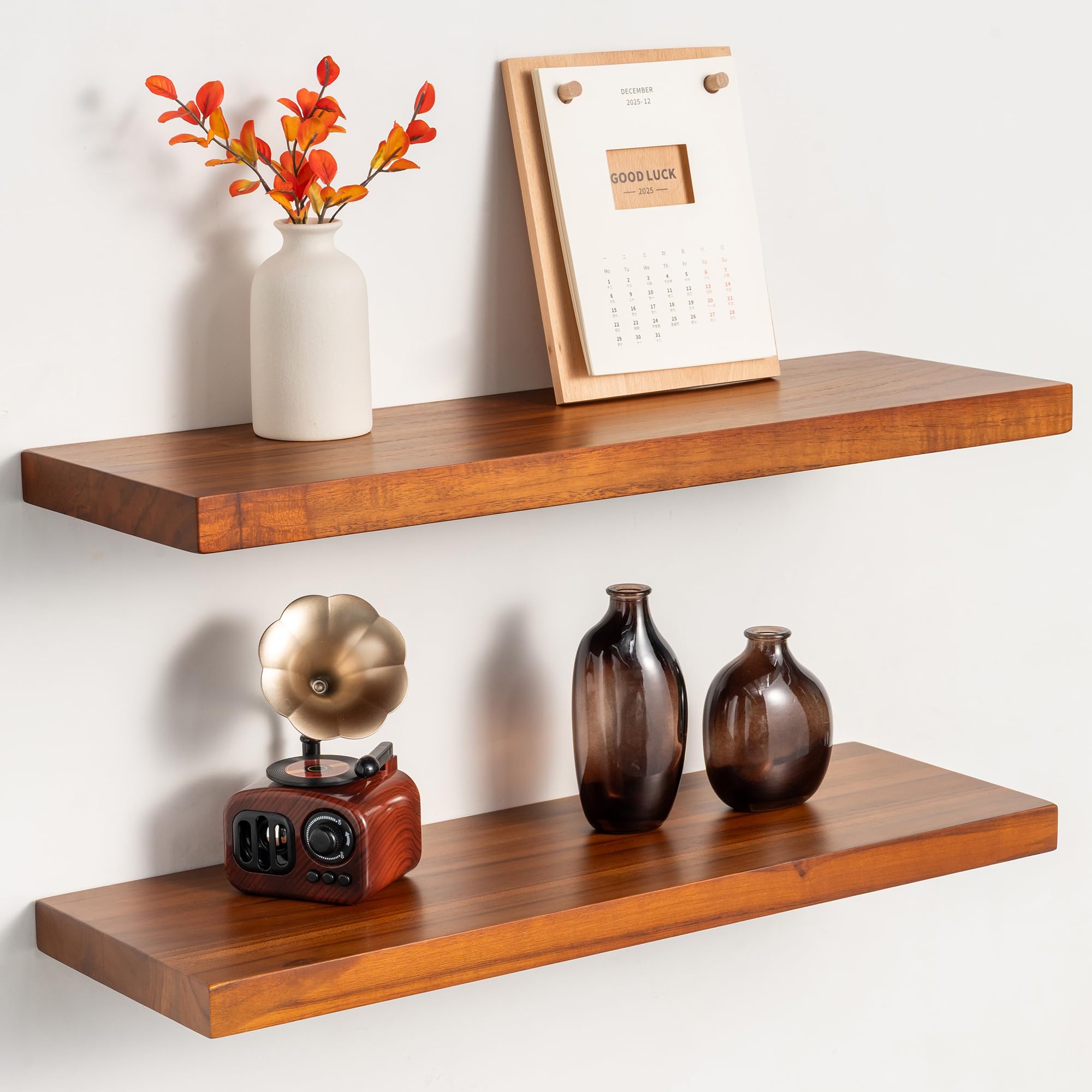 Realgulf Teak Floating Shelves Set of 2-24 Inch Natural Waterproof Wood Wall Shelves with Invisible Brackets for Bathroom, Kitchen, Balcony - Solid