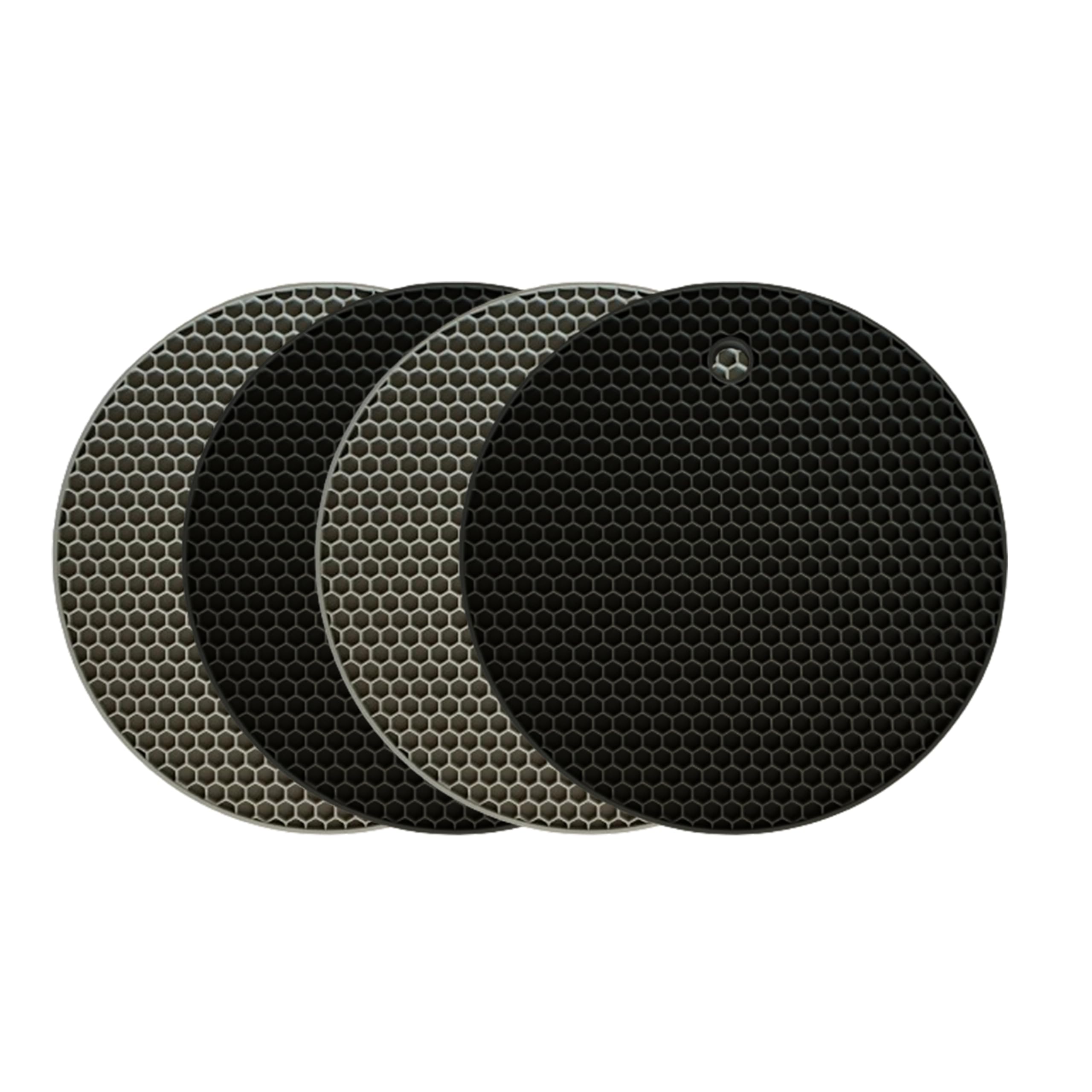InnoLab Design Silicone Trivet Mats - 4 Heat Resistant Pot Holders, Multipurpose Non-Slip Hot Pads for Kitchen Potholders, Hot Dishers, Jar Opener, Spoon Holder (Black & Gray)