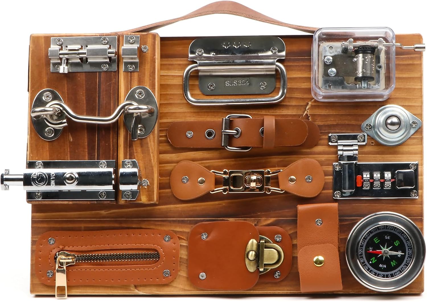 Busy Board for Toddlers, Travel Toy Fidget Board Activity Board for Fine Motor Skills, Wooden Busy Board Toys for 3 Years Old Boys & Girls with Switch, Locks, Music Box...