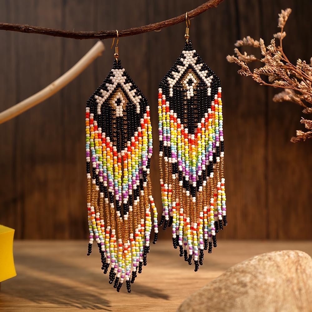 Bohemian Tassel Colorful Beaded Earrings For Women Trendy, Long Fringe Feather Drop Jewelry Handmade Gifts. - Image 4