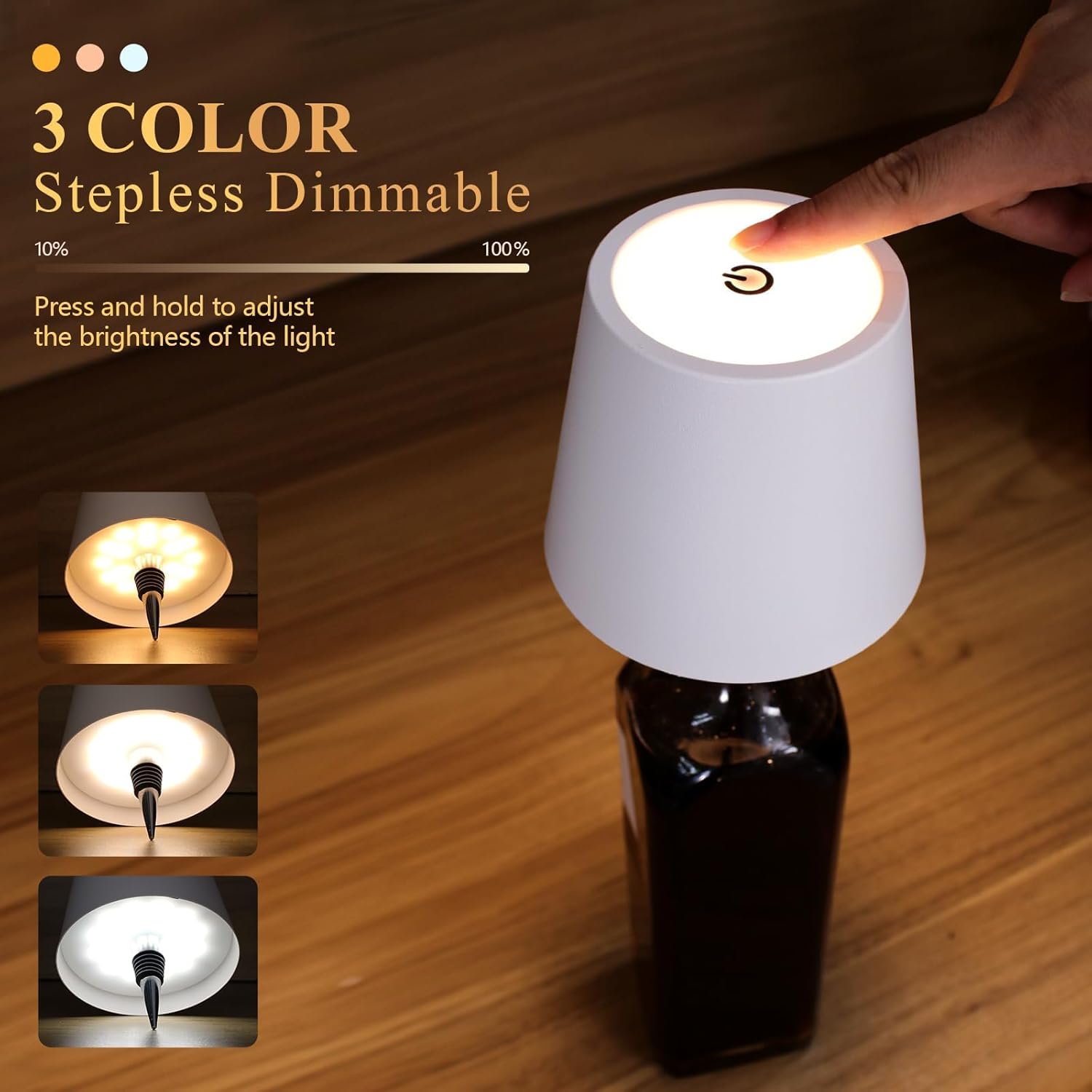 2 Pack Wine Bottle Lamps, 2025 New 3 Color Rechargeable Wireless Bottle Lamps, Bottle Lamp Kit for Liquor Bottles with Touch Dimming for Parties, Restaurants & Home Decor (White)