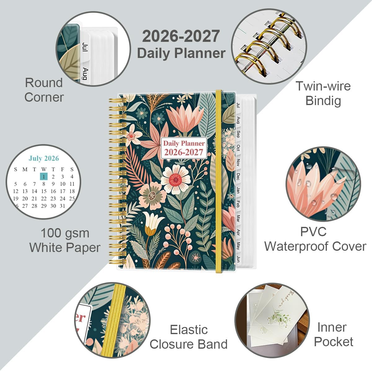 2026-2027 Daily & Monthly Planner - One Page Per Day, Daily Planner 2026-2027 from July 2026 to June 2027, Planner 26-27 with 12 Monthly Tabs, 6.4" x 8.5", Flower-B