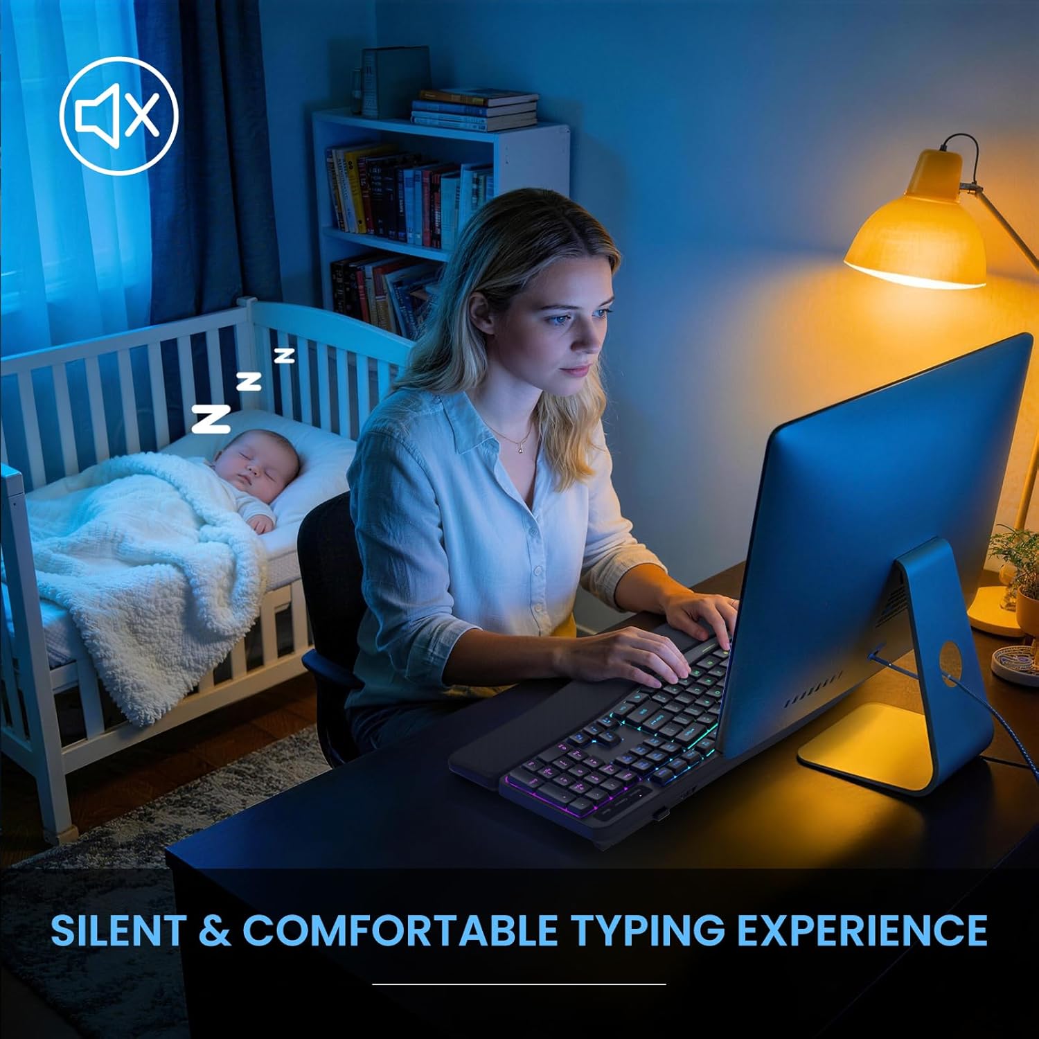 Wireless Ergonomic Keyboard, Backlit Keyboard Silent with 15 RGB Lighting Effects, Leather Wrist Rest, 2500mAh Rechargeable, Multimedia Keys, Wave Keyboard for PC Computer Laptop Windows Mac