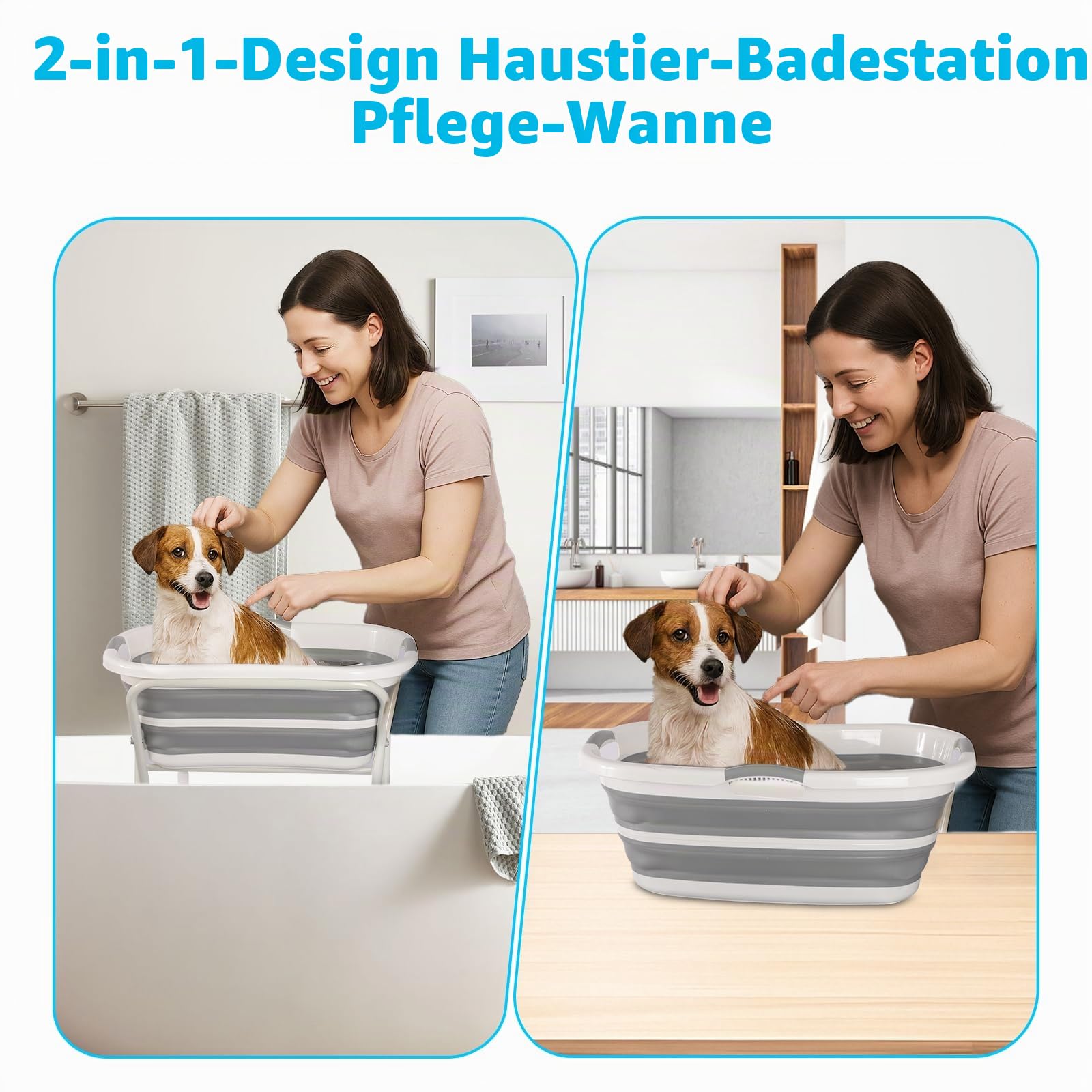 【Haustier Hundebadewanne Faltbar】2 in 1 Tragbare Hundewaschstation, Waschstation für die Fellpflege mit Abfluss und Ablage, Hundedusche für kleine bis mittelgroße Hunde Katzen Haustier, drinnen und