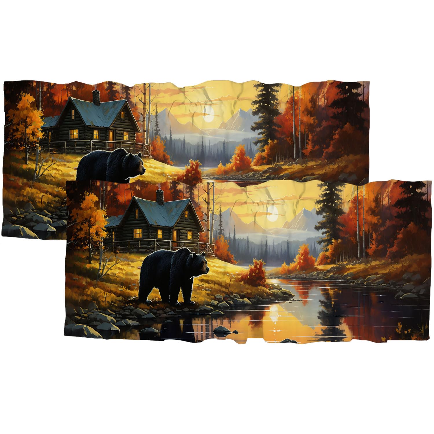 XZFORMFINA Rustic Bear Window Curtain Valance Vintage Cabin Wildlife Animal Autumn Forest Rod Pocket Window Valance Curtain for Kitchen Living Room