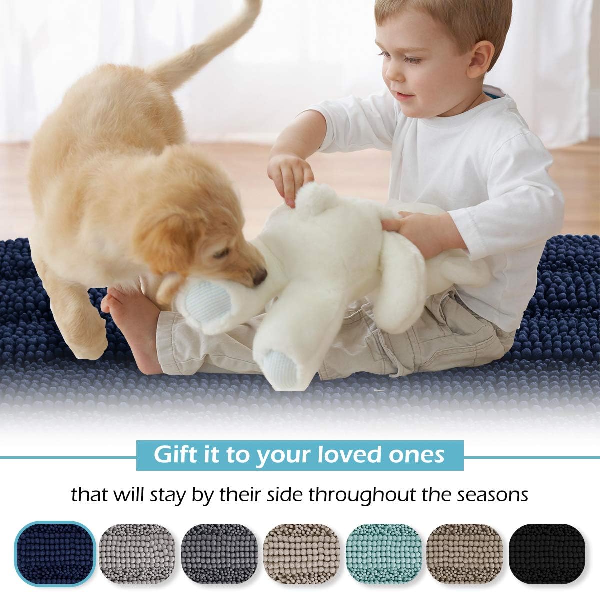 RYB HOME Bathroom Rugs Sets 2 Pieces - Quick Drying Chenile Bath Mat for Tub Thick Shaggy Floor Cover Water Absorbent Shower Carpet for Toilet Door Way Kitchen, Navy Blue, 47" x 24" 20" x 32"