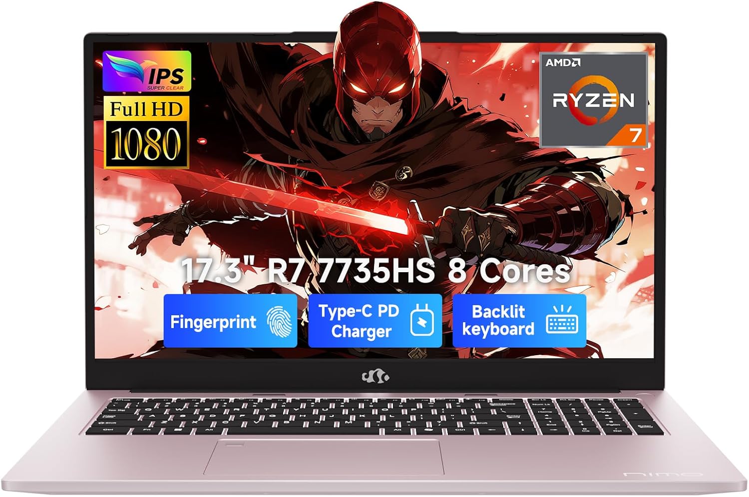 NIMO 17.3″ Laptop, AMD Ryzen 7 7735HS (8C/16T, Up to 4.75GHz), 32GB DDR5 RAM, 1TB PCIe 4.0 SSD, 100W PD Fast Charging, FHD Display, Backlit KB, Fingerprint, SD Card Reader, Windows 11 Home