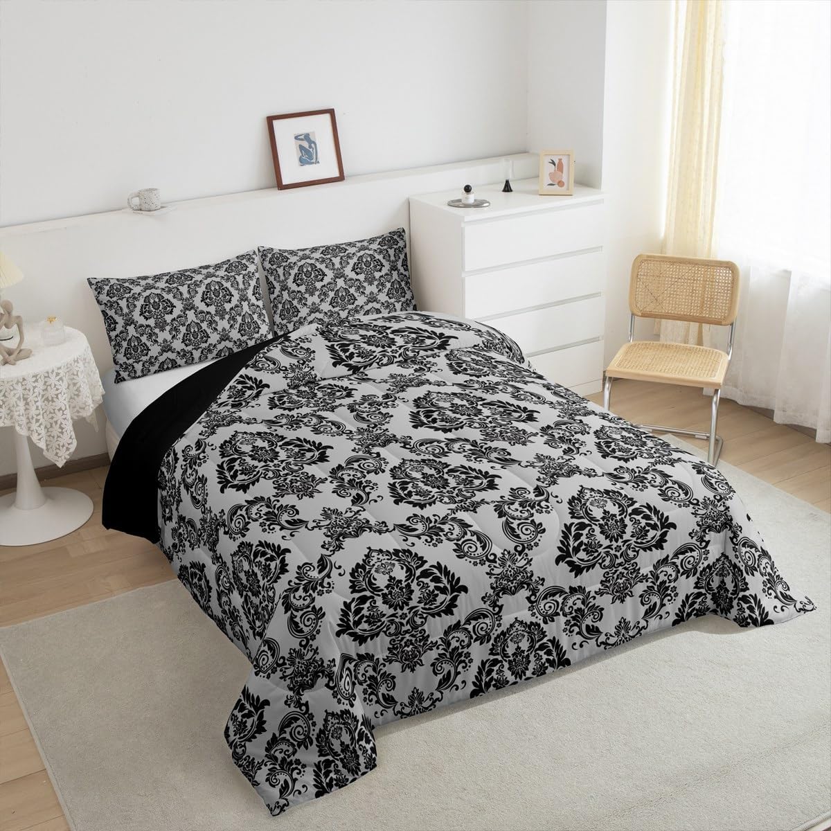 jejeloiu Adults Black Boho Damask Comforter Set Queen Size Vintage Victorian Baroque Floral Bedding Set for Boys Girls Teens Halloween Theme Duvet Quilt Room Decor