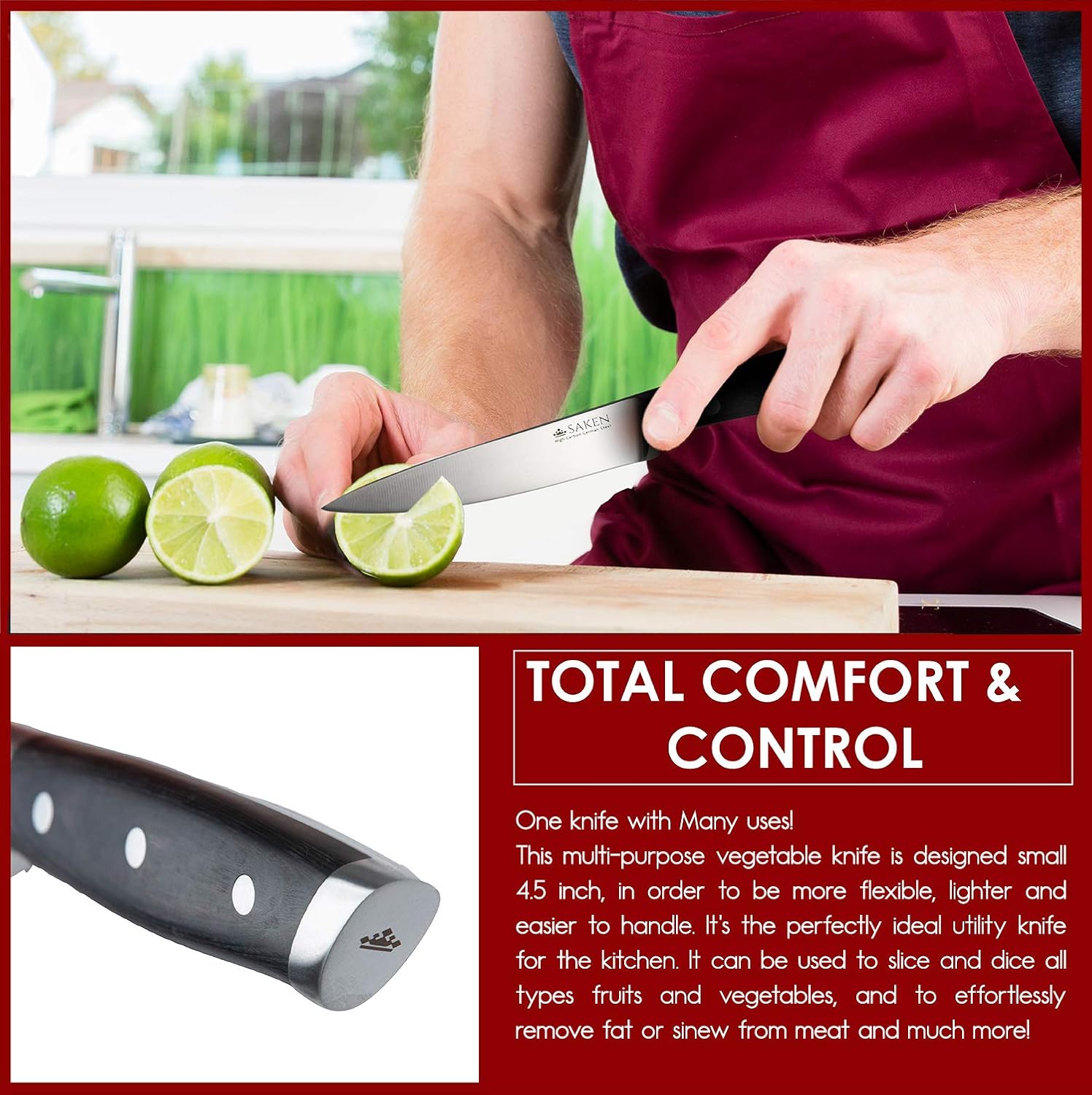 Saken 4.5-Inch Paring Knife - High-Carbon German Steel Kitchen Utility Knife with Wooden Handle in Dark Wood Finish - Multipurpose Kitchen Knife Mincing, Slicing, Chopping, and General Cutting Work