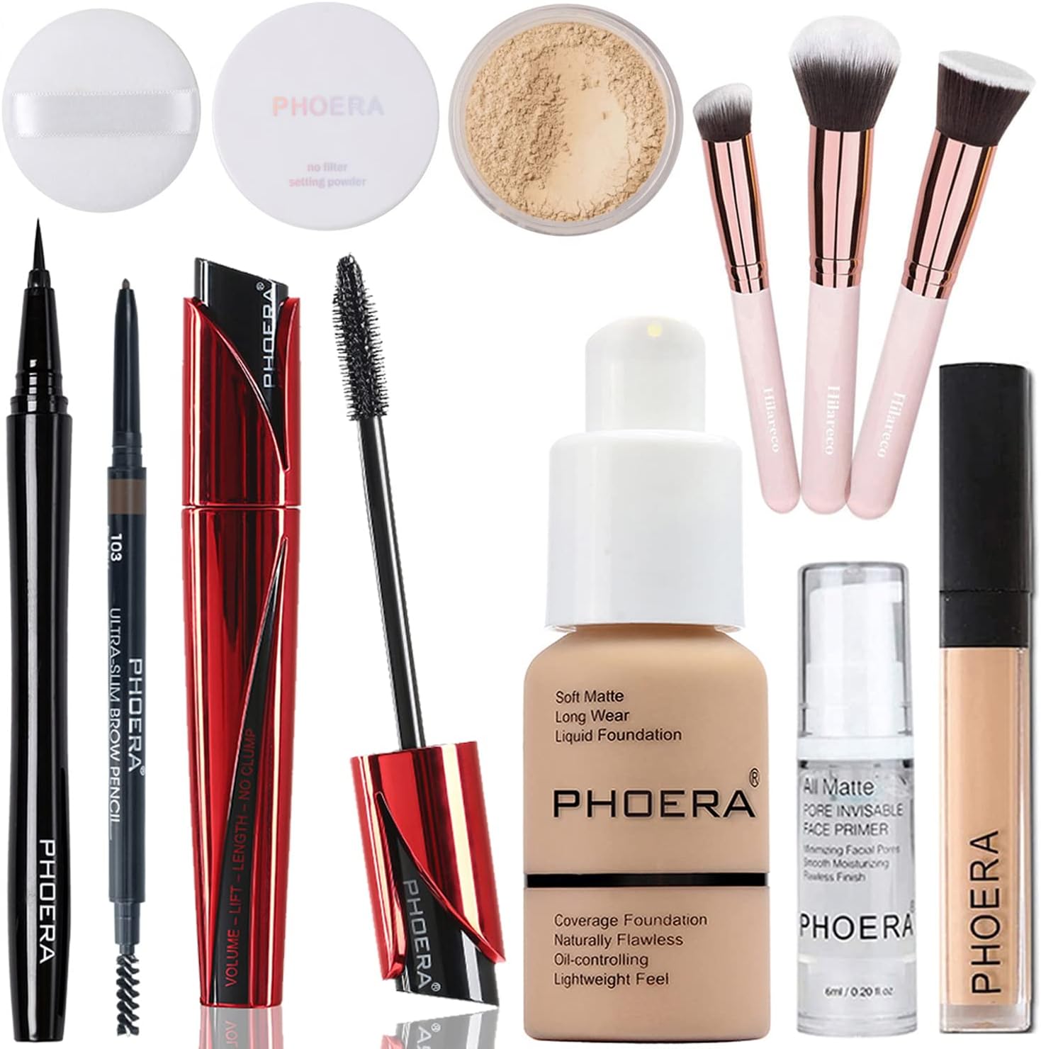 HilarecoPHOERA Foundation,PHOERA 9D Mascara,PHOERA Makeup Foundation Full Coverage,PHOERA Primer, PHOERA Powder, PHOERA Concealer, Kabuki Brushes Makeup Foundation Brush Powder Brush Concealer Brush