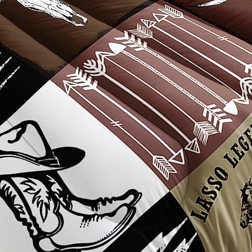 Miniatura 4 de QOOMO Juego de ropa de cama de vaquero occidental a rayas, cuadrícula geométrica, marrón, a cuadros, juego de edredón para niños, con estampado de