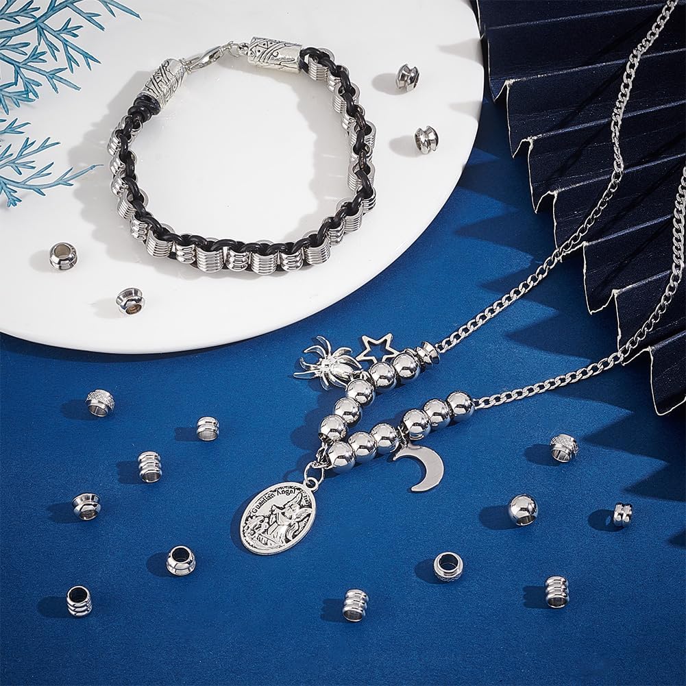 PH PandaHall 100pcs 6 Style Stainless Steel Column Rondelle European Beads, Large Hole Metal Beads for DIY Earring Necklace Jewelry Making, Hole:44.5mm - Image 5