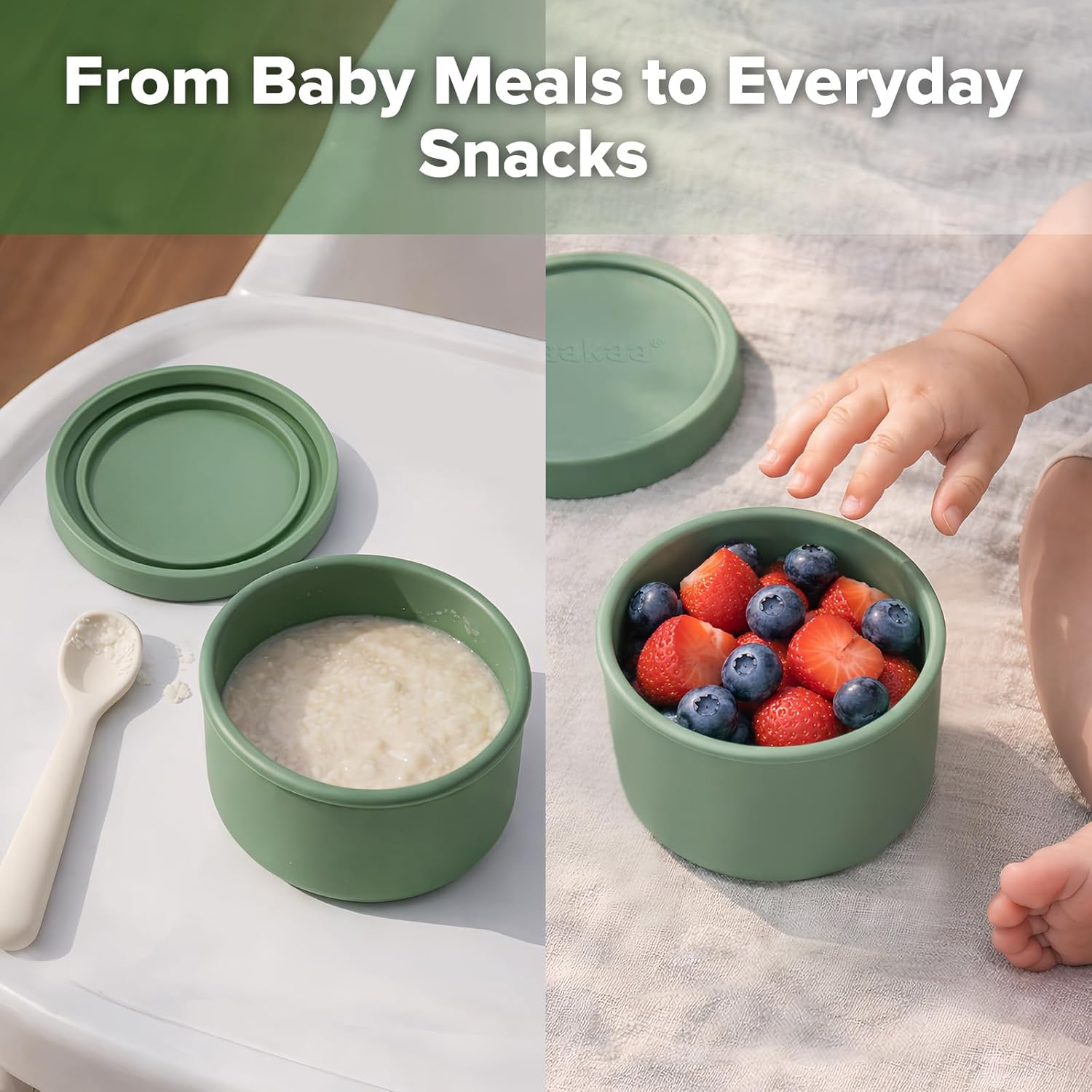 haakaa Mini Round Silicone Baby Food Containers with Lids, BPA-Free Leakproof Stackable Snack Cups, Microwave & Dishwasher Safe, 3-Pack, 5oz