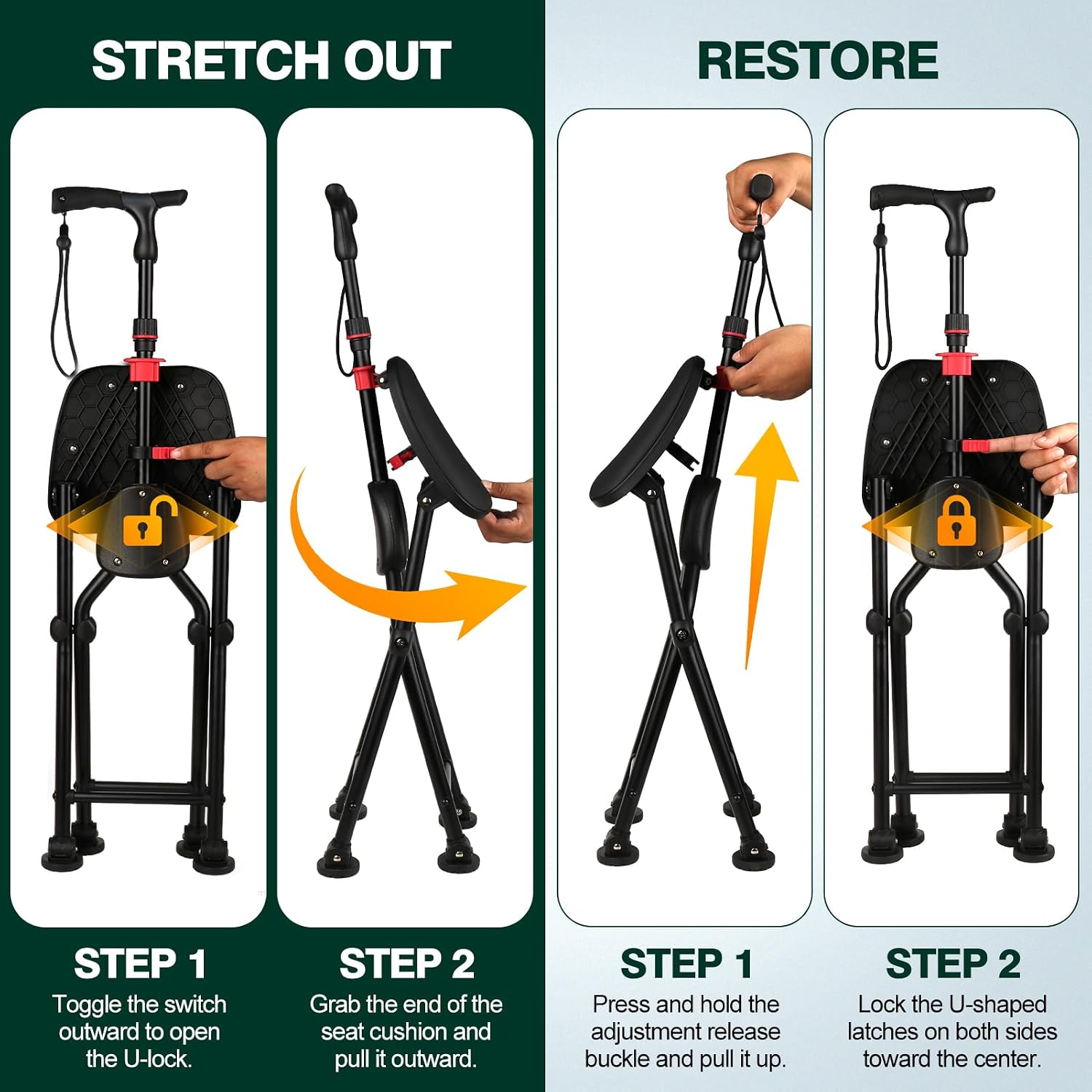 Folding Cane with Seat, 400 lbs Heavy Duty 4-Leg Walking Cane Chair