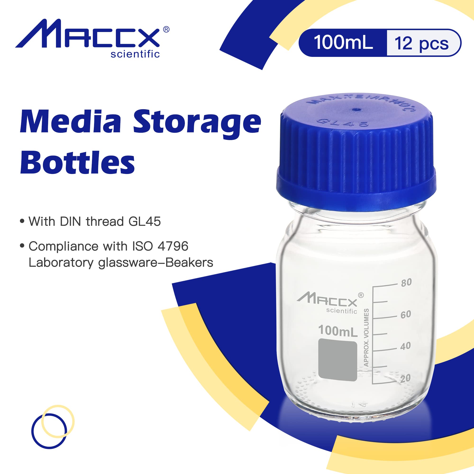 GL45RB100-012 - Botellas redondas de vidrio de borosilicato resistente con tapa de rosca GL45, paquete de 12 unidades