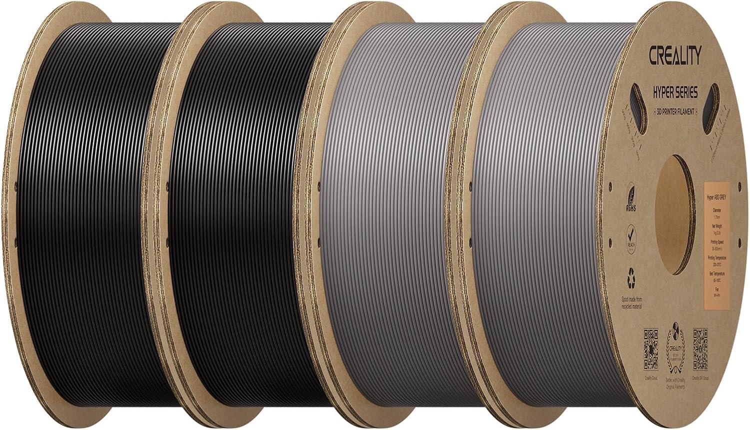 Creality Zestaw filamentu Hyper-ABS, 4 kg, filament do drukarki 3D, ABS, do szybkiego druku do 350 mm/s, wysoka odporność na uderzenia, bez tworzenia się nici lub zapychania (2 x czarny + 2 × szary)
