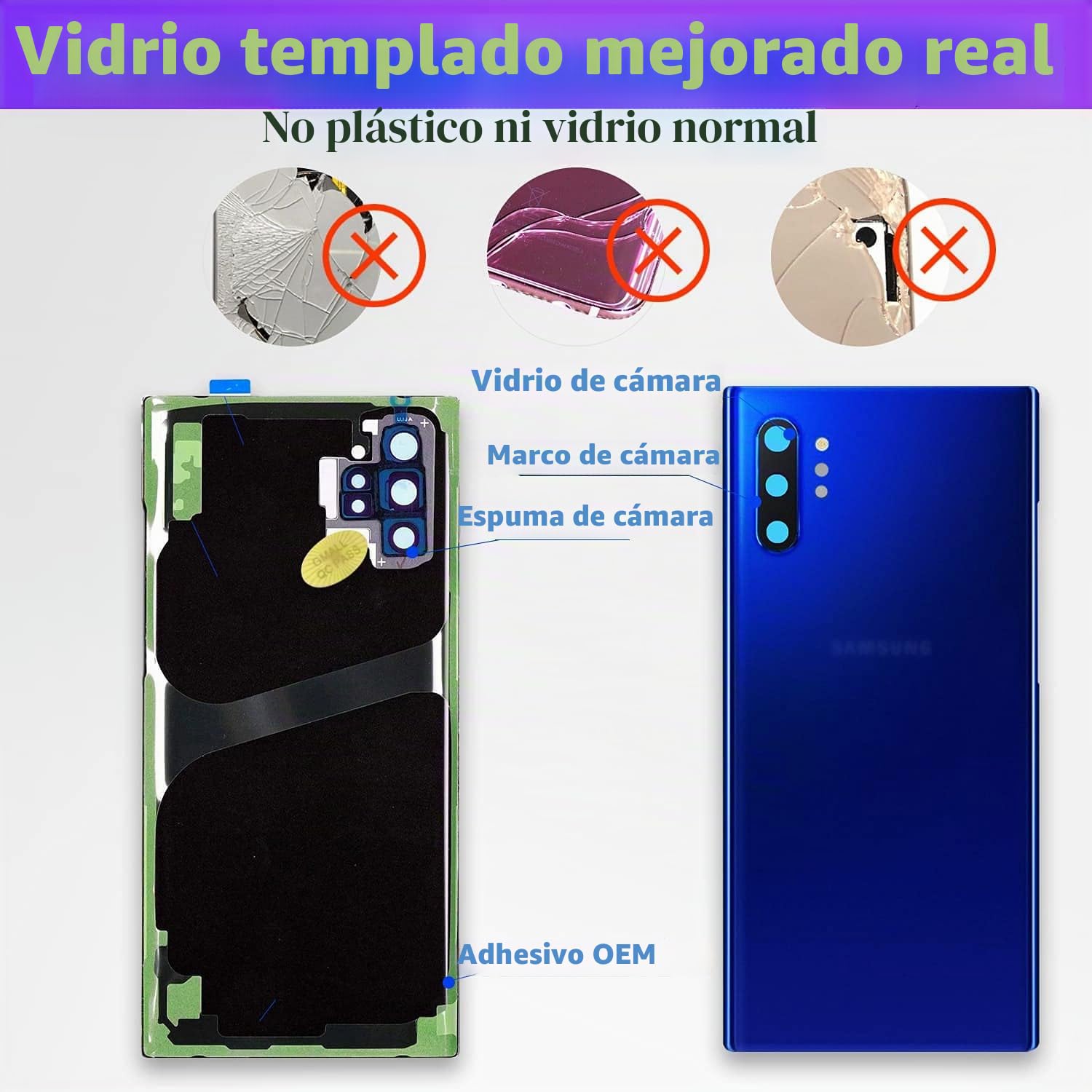 LUVSS Tapa Trasera Vidrio para Samsung Galaxy Note 10+ Plus Cubre Bateria con Lente de Cámara Reemplazo Kit de Reparación SM-N976 N975F -Plata Aura Glow