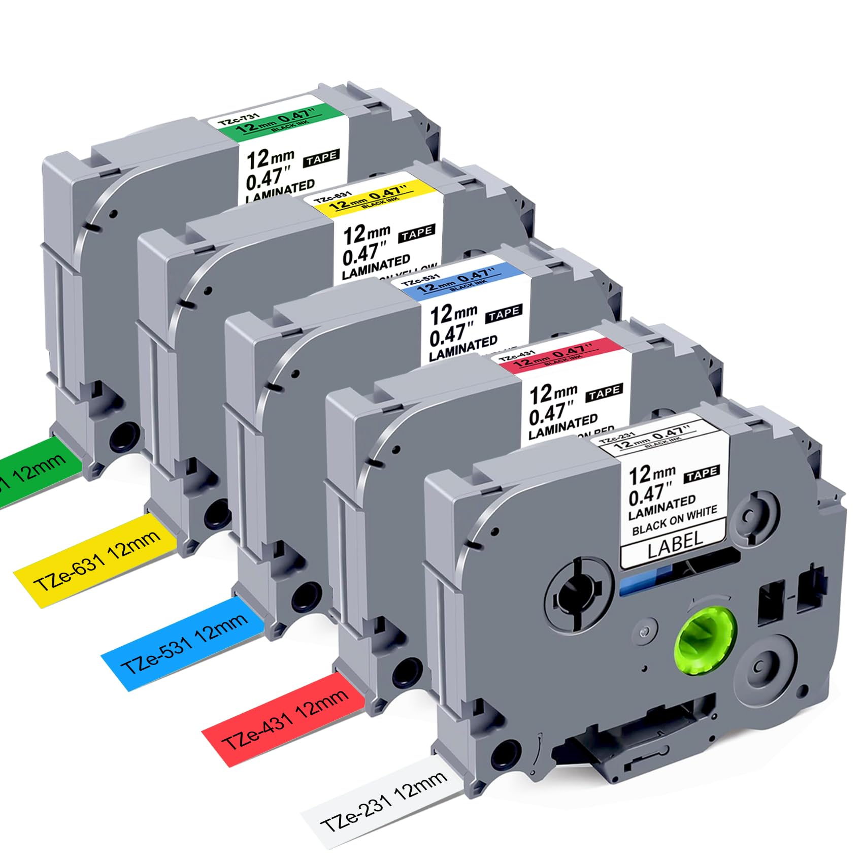 BEYONDTEK5 Pack Compatible Label Tape Replacement for Brother P Touch TZe TZ Tape 12mm 0.47 Inch Laminated White/Red/Yellow/Blue/Green for Brother PTD210 PTH110 PTD400