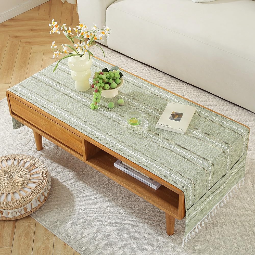 Yongxinmy Green Cotton Linen Rectangular Tablecloth For Living Room - Simple Tv Cabinet Mat, Coffee Tablecloth With Pockets, Tassel Fringe Cover For Tea Table Dining Hall Fridge Top Cover (,60X160cm)