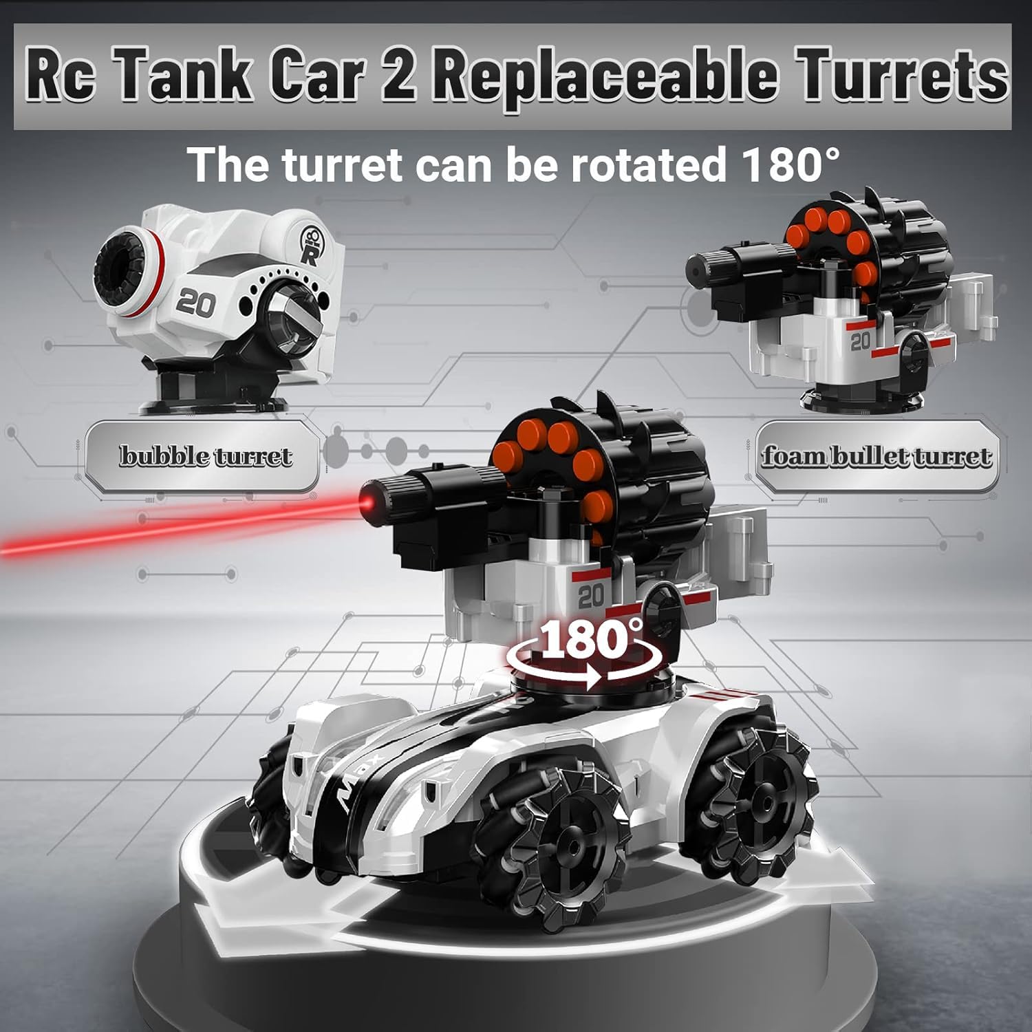 Coche de Control Remoto 2.4GHz 4WD RC Stunt Car 360° Rotación Drifting con Torretas y Dardos