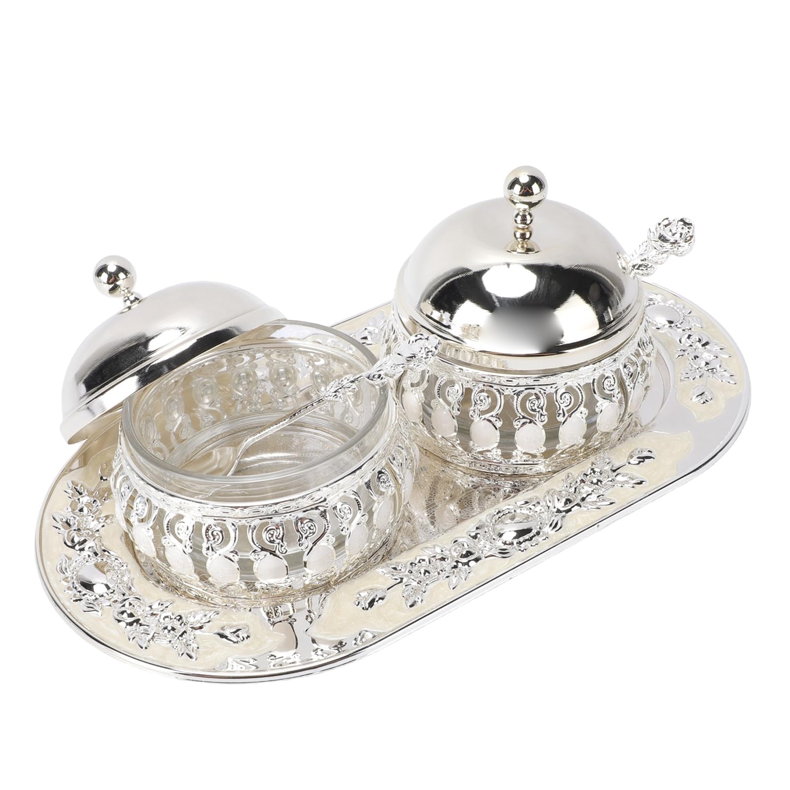 Set Zuccheriera Elegante Design Nordico Multifunzionale per Bancone della 2 unità in Acciaio Inox e Vetro con Cucchiaio e Coperchio