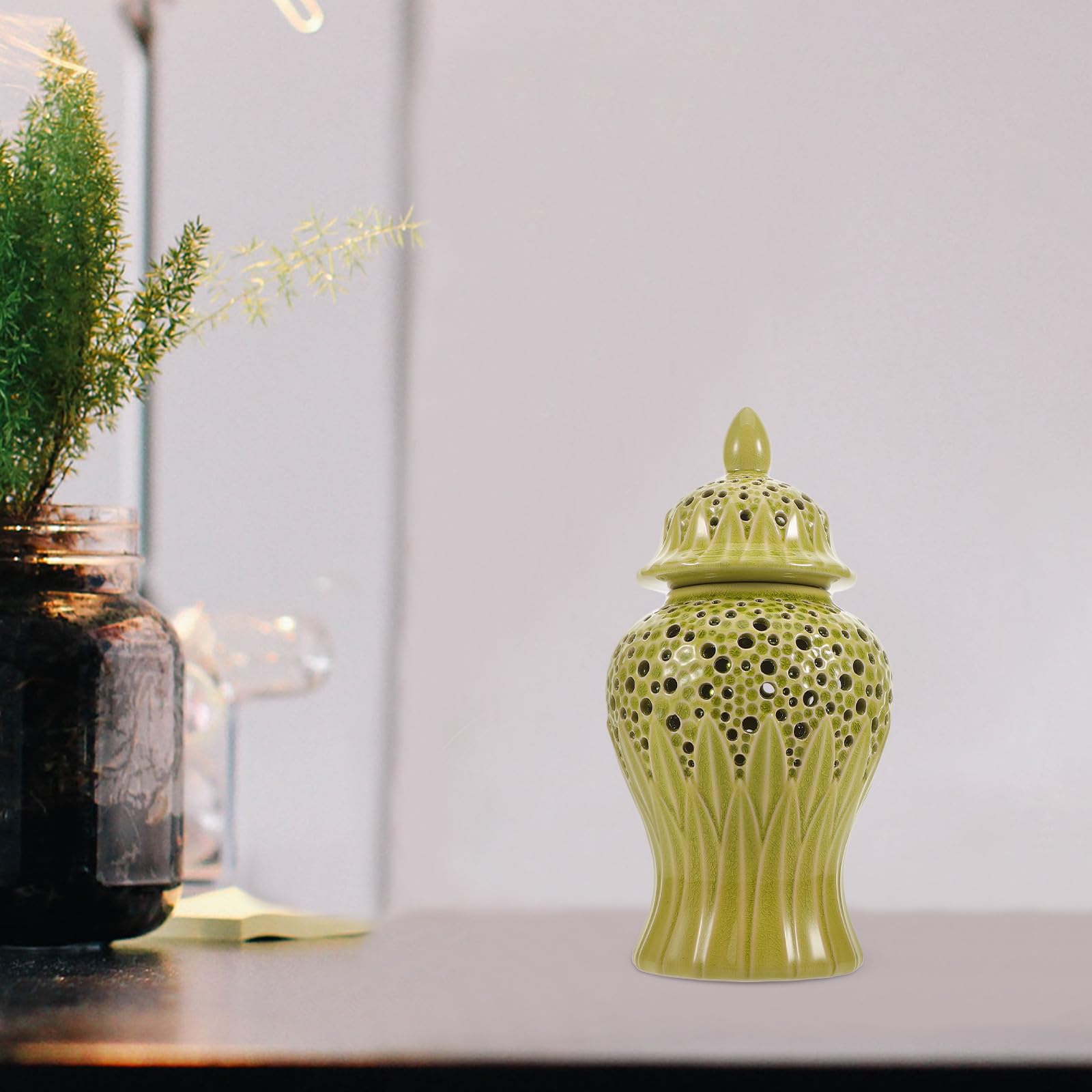 Vaso Decorativo in Ceramica Stile Giara con Coperchio Verde Chiaro